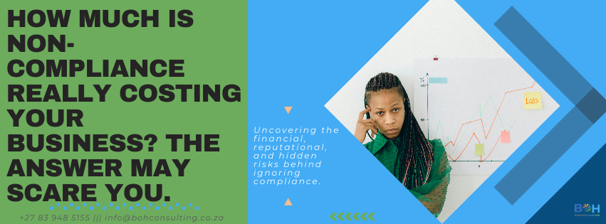 Businesswoman looking concerned in front of a graph showing losses, highlighting the financial risks of non-compliance.